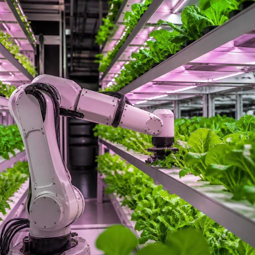 A vertical farm with robotic arms tending green crops
