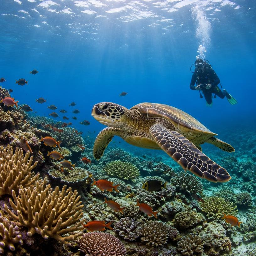 A sea turtle gliding over a coral reef beside a diver
