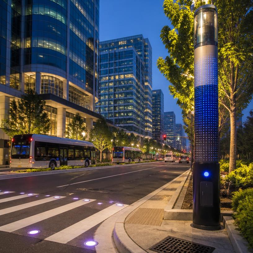 A smart city street at dusk with electric buses and sensor lights