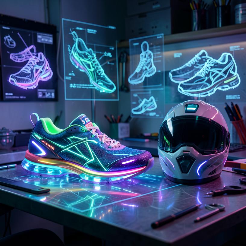 A glowing smart running shoe and helmet on a design workbench with holographic sketches