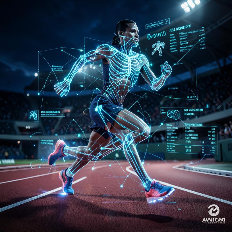 An athlete running on a track with glowing motion-tracking lines and data overlays
